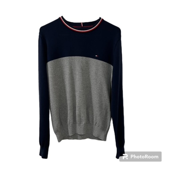 Tommy Hilfiger Mens Blue Gray Color Block Crewneck Cotton Knit Sweater Sz Medium - Picture 1 of 9